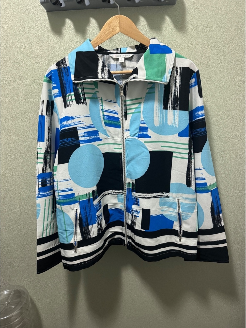 Erin London Women’s XL Abstract Geometric Full Zip Jacket Blue Green Black